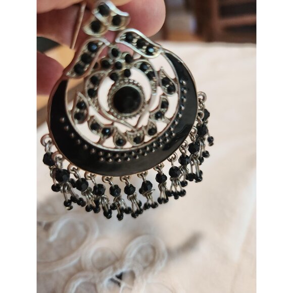 Round Mandala Dangle Earrings Black Gold Intricate Earrings - Picture 2 of 10